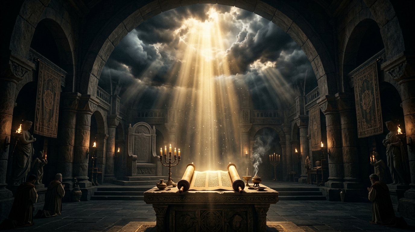 Divine golden light streaming into a sacred throne room