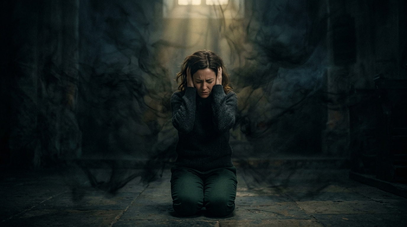 Solitary figure kneeling in darkness, spiritual isolation