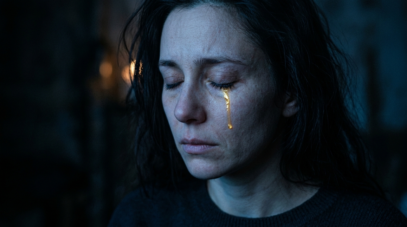 Spiritual exhaustion, woman in dim light
